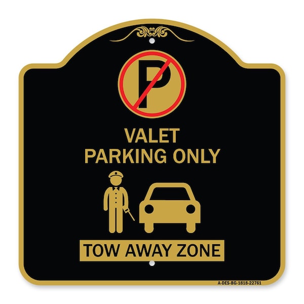 Signmission Valet Parking Tow Away Zone W/ Car Graphic, Black & Gold Aluminum Sign, 18" x 18", BG-1818-22761 A-DES-BG-1818-22761 - main